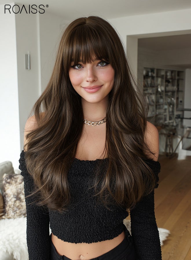 roaiss Long Curly Hair Wig with Bangs for Women, Natural Soft Synthetic Heat Resistant Hair Natural Looking Wig for Wedding Cosplay Party Daily Wear, Cool Brown, 60cm (24 inches) - Image 4